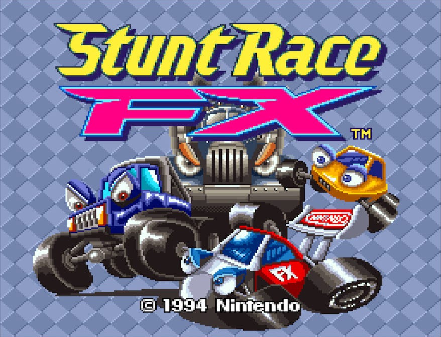 A screenshot of the title screen of Stunt Race FX, featuring the four playable cars and the eyes that make them anthropomorphic. 