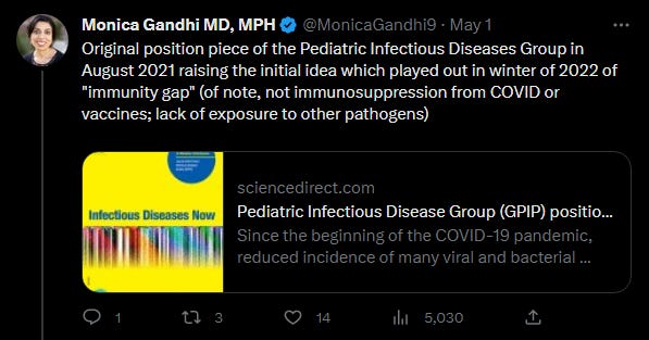 a recent tweet by monica gandhi further supporting the immunity debt idea and that covid is harmless