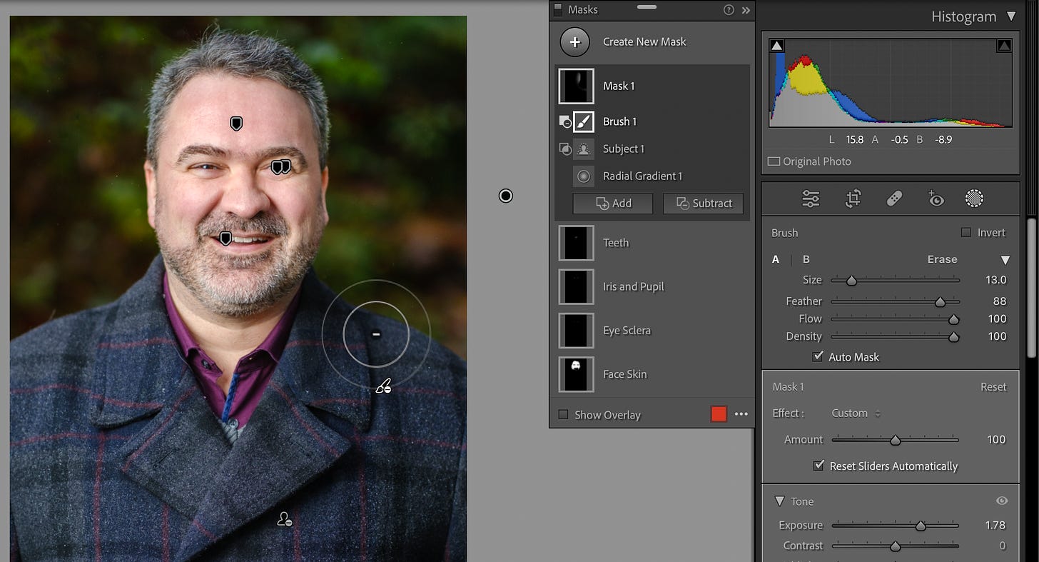 Same photo and interface (thank you for your patience), now with the Subtract tool removing the light on the man's coat.