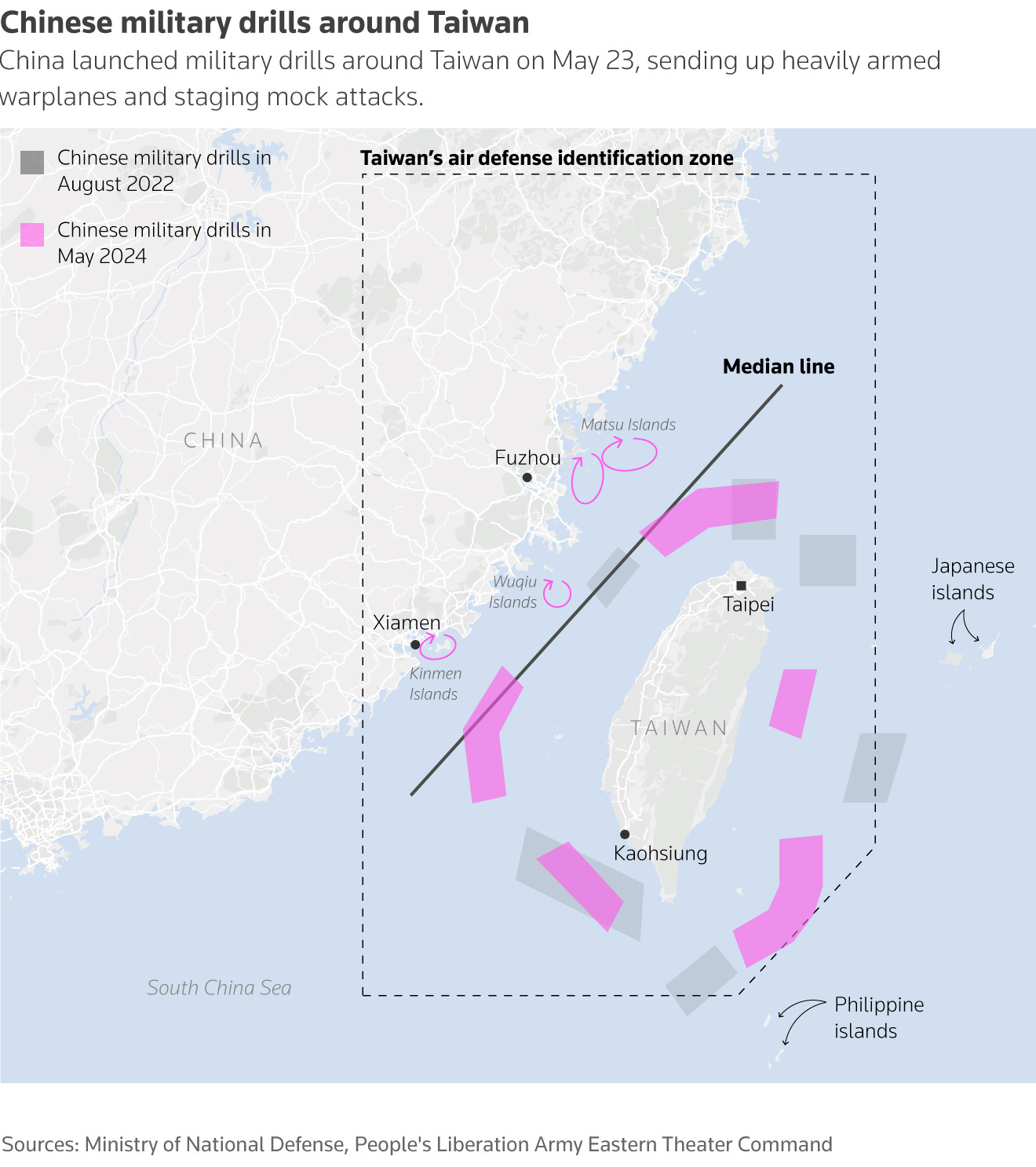 China launched military drills around Taiwan on May 23, sending up heavily armed warplanes and staging mock attacks.