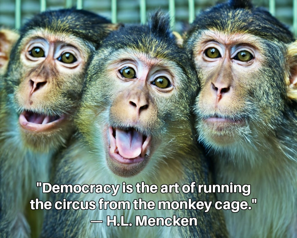 Three monkeys in a cage grouped together showing various shades of engagement: Inset caption: “Democracy is the art of running the circus from the monkey cage.” – H.L. Mencken