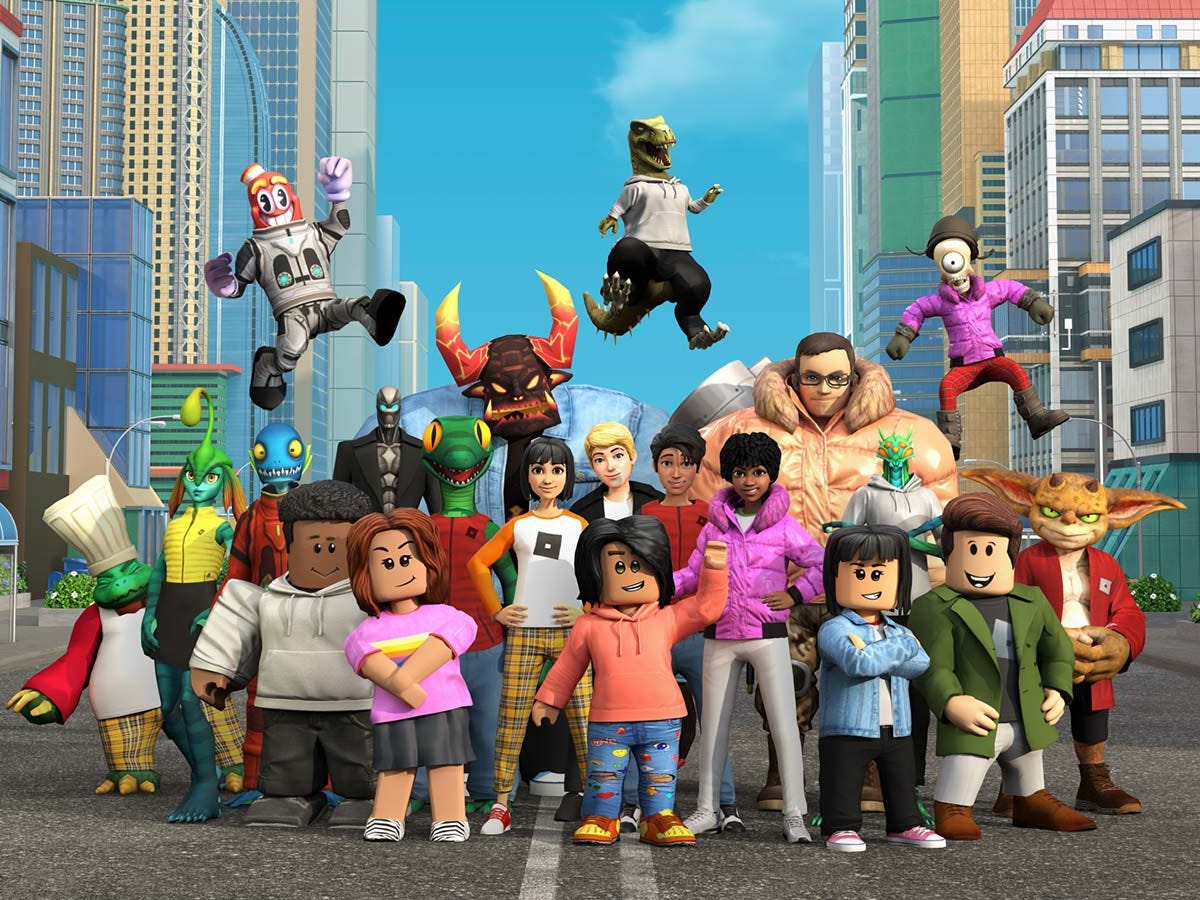 Characters from the Roblox video game posing together on a city street inside of the game