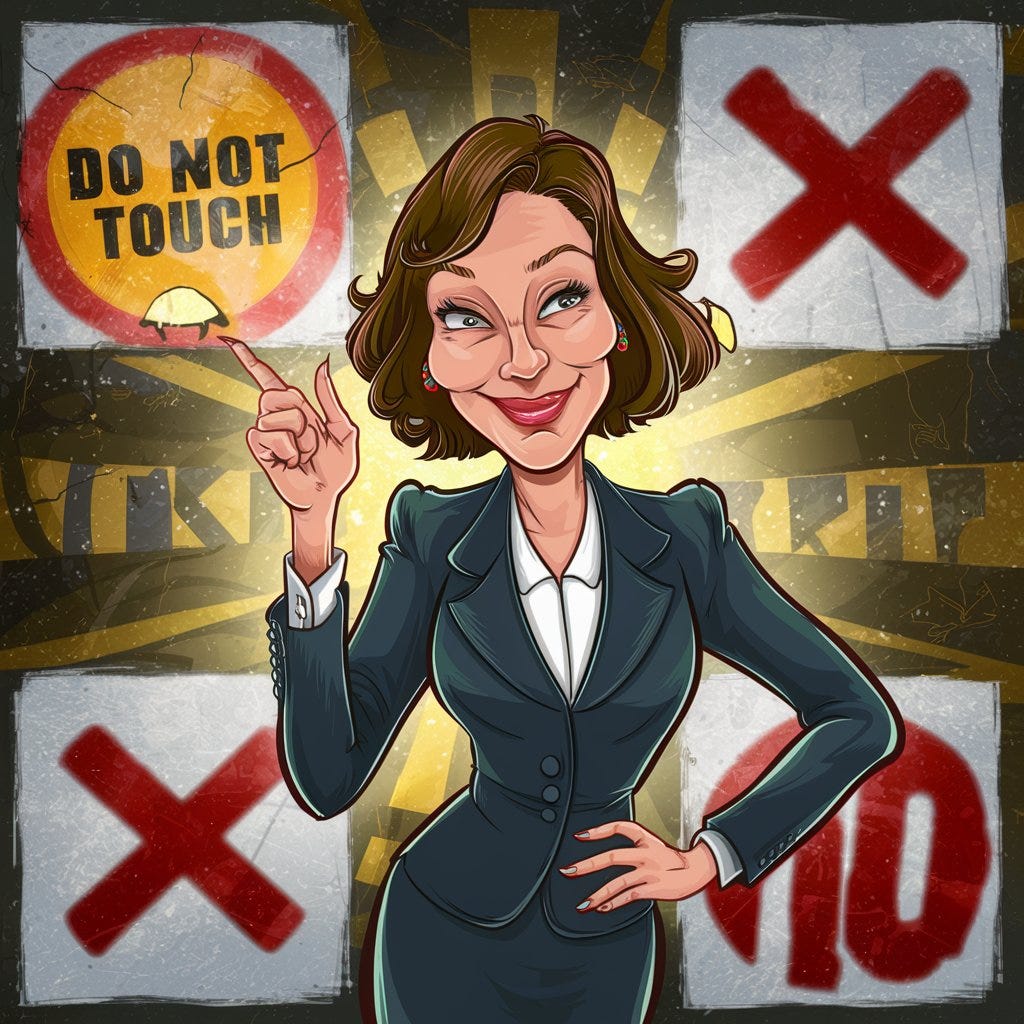 A charming illustration of an average businesswoman, dressed in a stylish suit and wagging her finger playfully. She has a normal, cheeky grin and her eyes sparkle with mischief. The background is a collage of things to avoid, including a flashing 'Do Not Touch' sign, a red 'X', and a giant 'NO' symbol. The overall tone of the illustration is lighthearted, with a touch of humor and a message of caution.