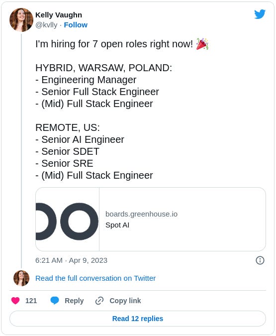 I'm hiring for 7 open roles right now! 🎉  HYBRID, WARSAW, POLAND: - Engineering Manager - Senior Full Stack Engineer - (Mid) Full Stack Engineer  REMOTE, US: - Senior AI Engineer - Senior SDET - Senior SRE - (Mid) Full Stack Engineer