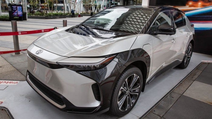 Toyota’s bZ4X electric car on display in Los Angeles