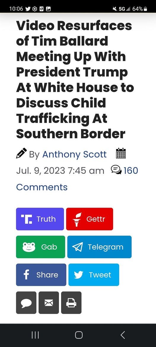 May be an image of map and text that says '10:06 64% Video Resurfaces of Tim Ballard Meeting Up With President Trump At White House to Discuss Child Trafficking At Southern Border By Anthony Scott Jul. 9, 2023 7:45 am Comments Î. Truth Gettr Gab Telegram f Share Tweet'