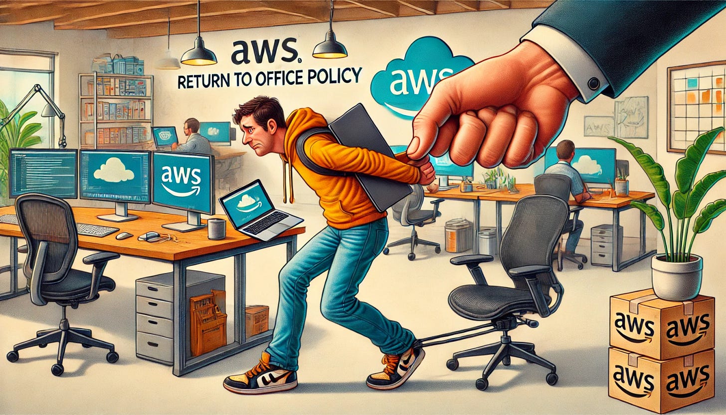 An engineer at AWS returning to the office. Image generated by DALL E.