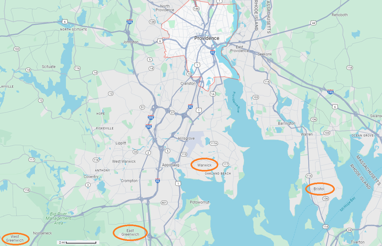 A map of the towns south of modern Providence, RI