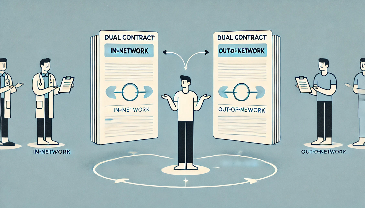 A minimalistic illustration of 'dual contract games' in physical therapy billing. On the left side, a document labeled 'In-Network' with a straight arrow pointing to a patient. On the right, a document labeled 'Out-of-Network' with a more complex, looping arrow pointing to the same patient. The patient stands in the middle, appearing confused. Use simple icons and clean lines to convey the concept clearly.
