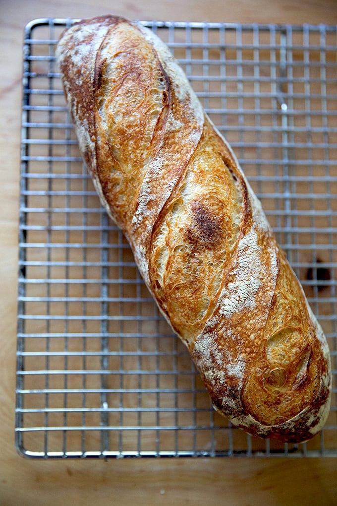 A baguette on a cooling rack.