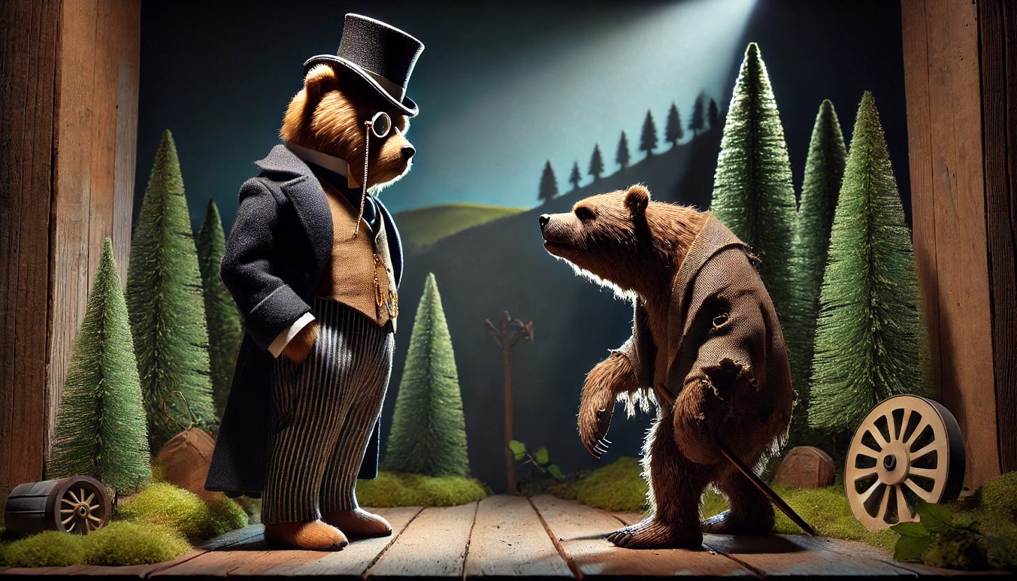 A scene of two bears, one rich and one poor, set in a stylized forest clearing. The rich bear is standing tall, wearing a fine tophat, a monocle, and a fancy coat, with a sneering expression on its face as it looks down at the poor bear. The poor bear looks scruffy, with torn clothes and a downcast posture. The background features lush trees and a hint of a distant mountain. The lighting emphasizes the contrast between the bears' appearances, with a slight vintage feel.