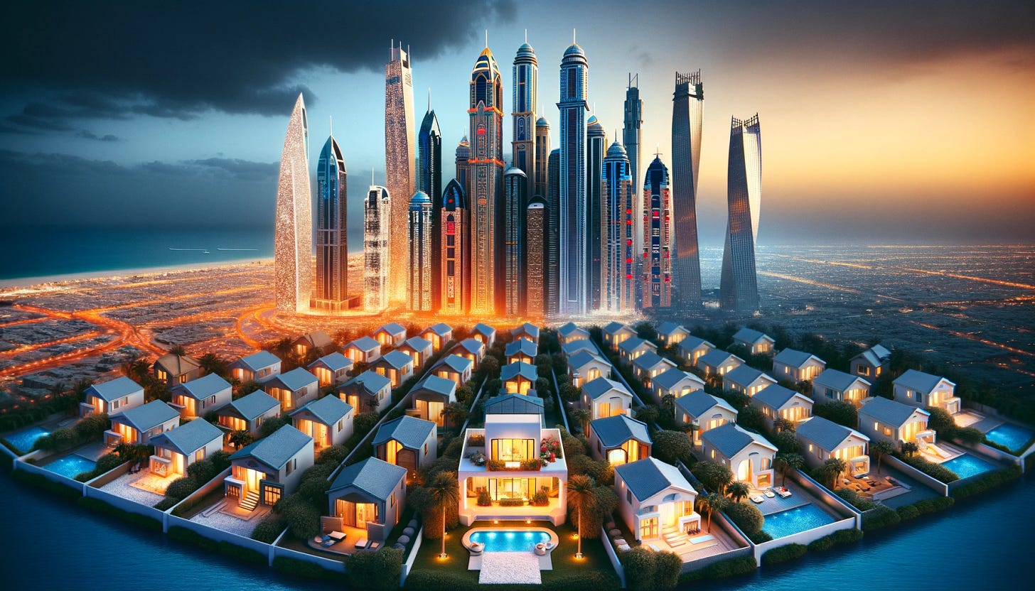 An image depicting the contrast in Dubai's real estate market, showcasing a high-end, luxurious skyline on one side and a more modest, affordable housing sector on the other. The luxurious side features glittering skyscrapers, opulent villas, and a sense of exclusivity, representing the high-end boutique nature of Dubai's property market. The other side of the image depicts comfortable but less extravagant homes, symbolizing the 64% of property purchases that are under AED 3 million. This side should have a more community-oriented feel, with simpler but elegant buildings. The image should visually represent the disparity between luxury and affordability in Dubai's real estate scene, capturing the essence of the dilemma: luxury for the few, what about the rest?