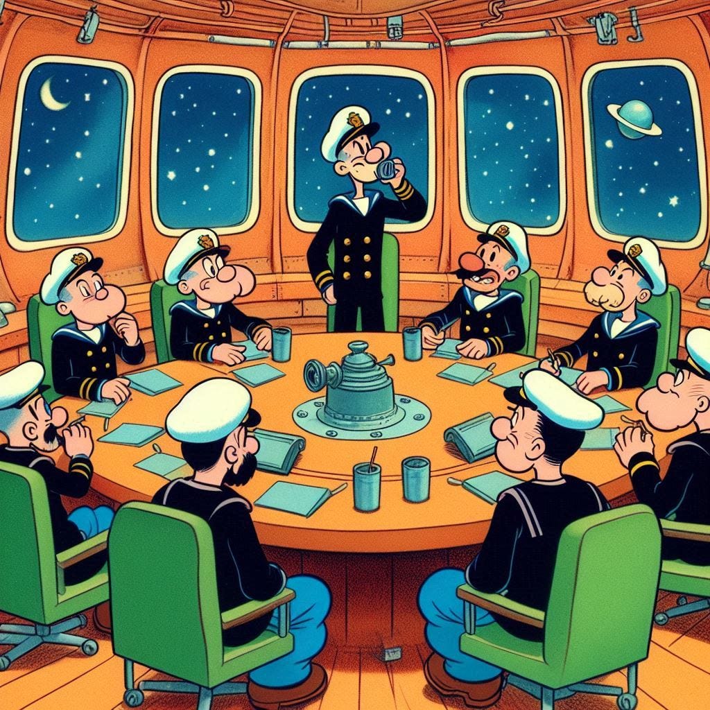 Popeye in spaceship conference room, 1930s color cartoon