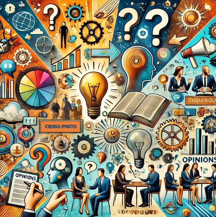 Collage of caricature images including books, a brightly burning light bulb, a cross-post note, gears, a human brain, and people conversing, symbolizing a dynamic exchange of ideas and opinions.