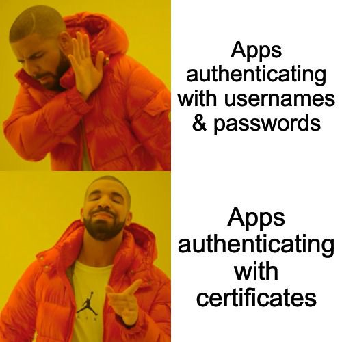 Drake disapproves - Apps authenticating with usernames & passwords

Drake approves - Apps authenticating with certificates