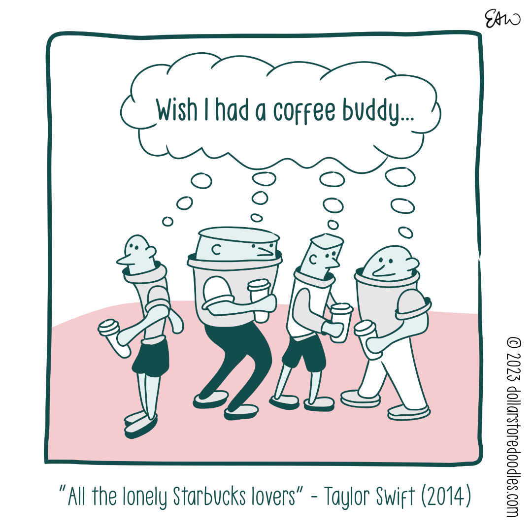 Panel 5 of 5 of a web comic showing four characters wandering aimlessly with paper coffee cups in their hands. They all share the same thought bubble above their heads. It reads, "Wish I had a coffee buddy." The caption reads, "All the Lonely Starbucks Lovers."