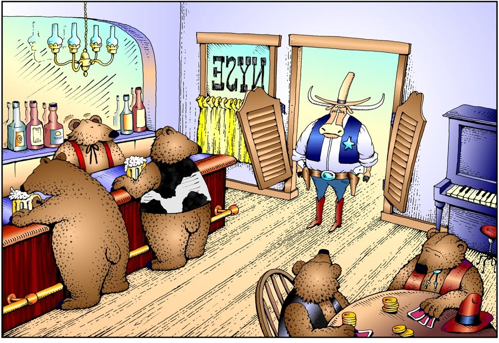 Bull market cartoon, Dow Jones, stock market investment, Bull Sheriff, New  York Stock Exchange, Western saloon image, bears, business, economics,  financial cartoon by John Pritchett