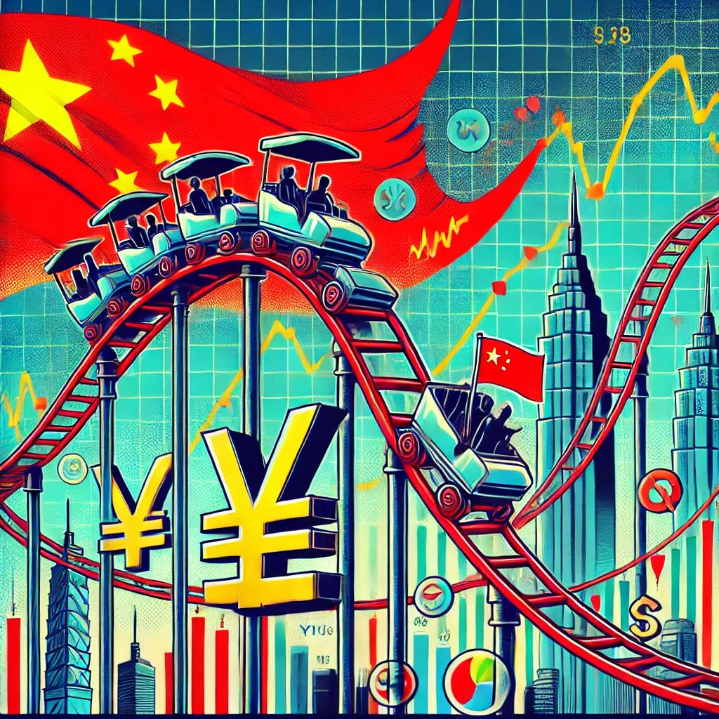 A bold pop-art style illustration titled 'Asian Markets on a Roller Coaster: Chinese Stimulus.' The scene features a dynamic roller coaster track shaped like stock market graphs, with carts carrying symbols of major Asian currencies (Yen, Yuan) and market icons. A large Chinese flag waves prominently in the background, symbolizing the stimulus efforts. The track twists and turns through vibrant, exaggerated landscapes of financial charts, skyscrapers, and economic symbols. The color palette includes striking reds, yellows, greens, and blues, creating an energetic and professional design. Format: 16:9, 1920x1080 resolution.