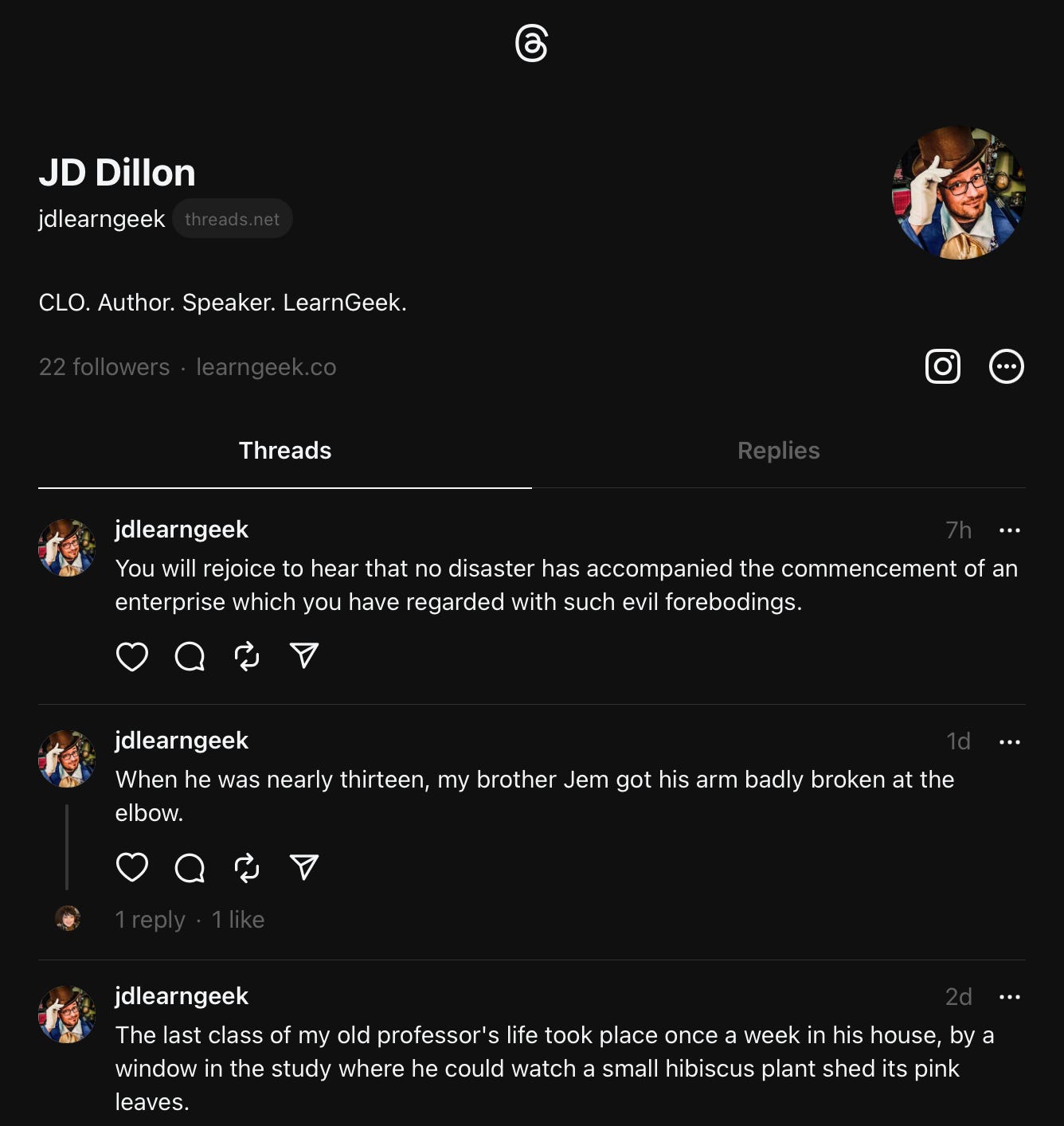 JD's account on Threads - jdlearngeek
