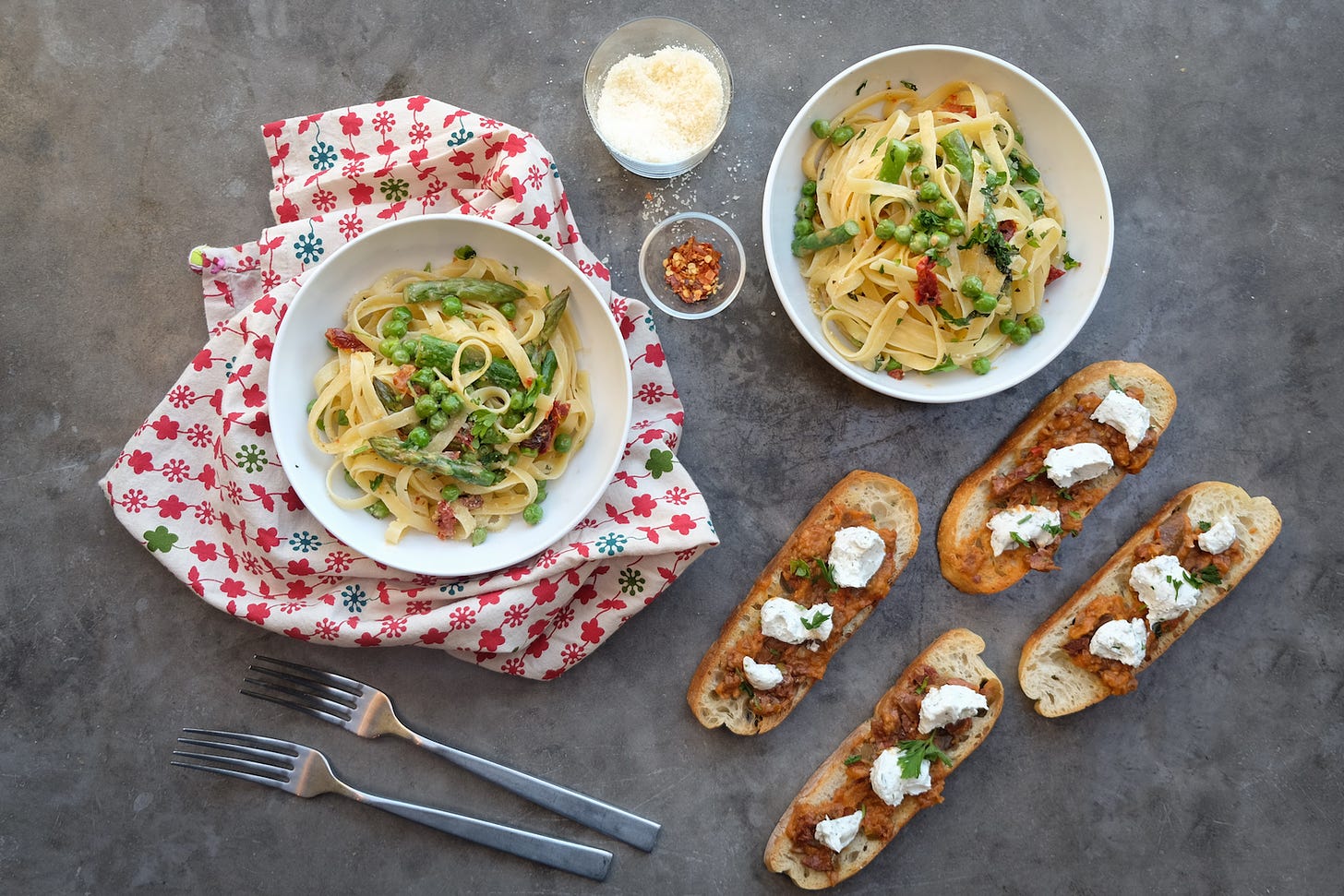 Fettuccine with Spring Vegetables & Bruschetta