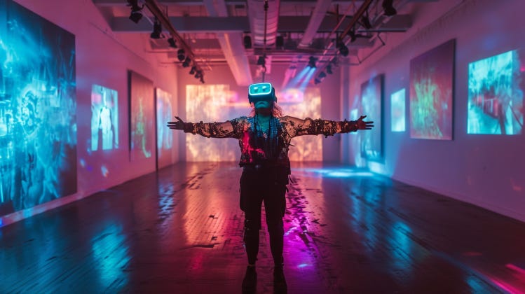 An artist stands in the middle of a futuristic gallery wearing a glowing neon headset, arms outstretched, surrounded by glowing artwork on the walls.