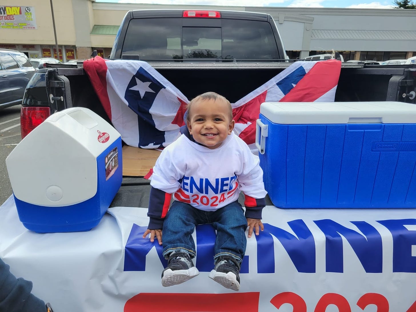 A young, happy Kennedy supporter visits the CHD bus tour in Long Island, New York on Sunday, Oct. 8, 2023.