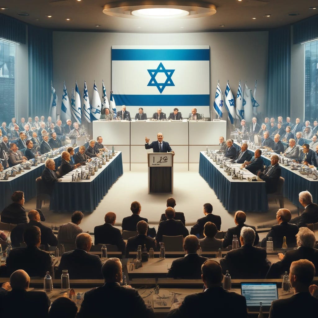 A political conference scene in Jerusalem where ministers discuss the re-establishment of Jewish settlements in the Gaza Strip. The setting is an indoor conference hall with a speaker at the podium passionately speaking. In the audience, a diverse group of ministers and attendees listen intently, some nodding in agreement. Israeli flags are subtly placed around the room, enhancing the nationalistic theme. The atmosphere is serious and politically charged, reflecting the tension and significance of the discussions.