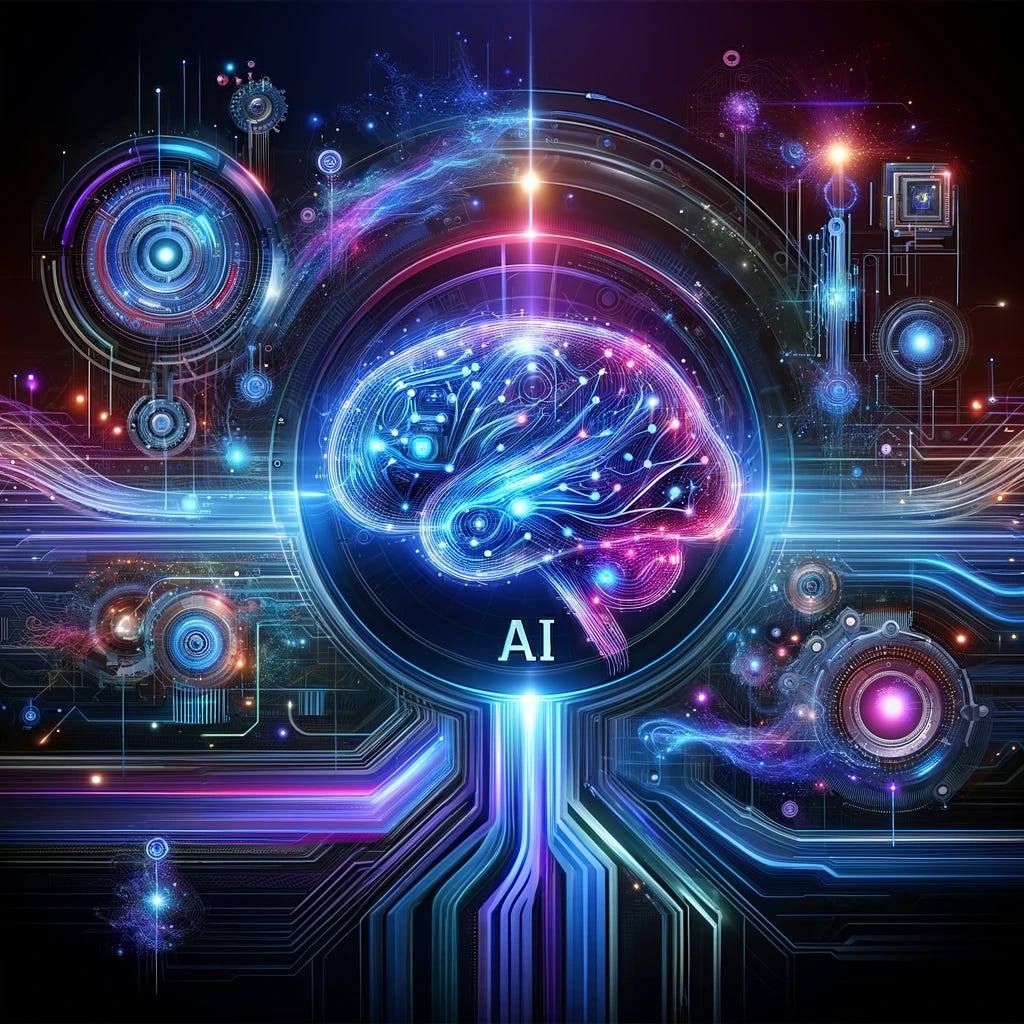 A high-tech, futuristic design featuring the AI concept. Include a digital landscape with flowing data streams, abstract representations of neural networks, and advanced technology elements. The central focus should be on a stylized, digital brain representing AI, surrounded by glowing circuits and holographic displays of code and data. The colors should be a blend of blues, purples, and neon highlights, creating a vibrant and visually appealing atmosphere. The image should convey the essence of AI innovation and technology advancement.