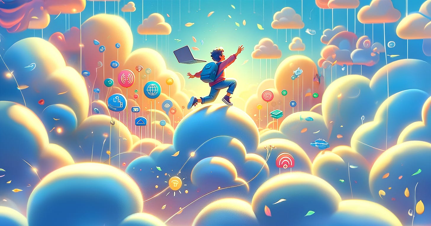 A young developer jumping on clouds