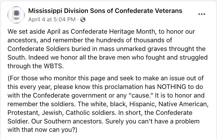 Screenshot of Mississippi Sons of Confederate Veterans Facebook post offering a disclaimer that Confederate Heritage Month is not racist