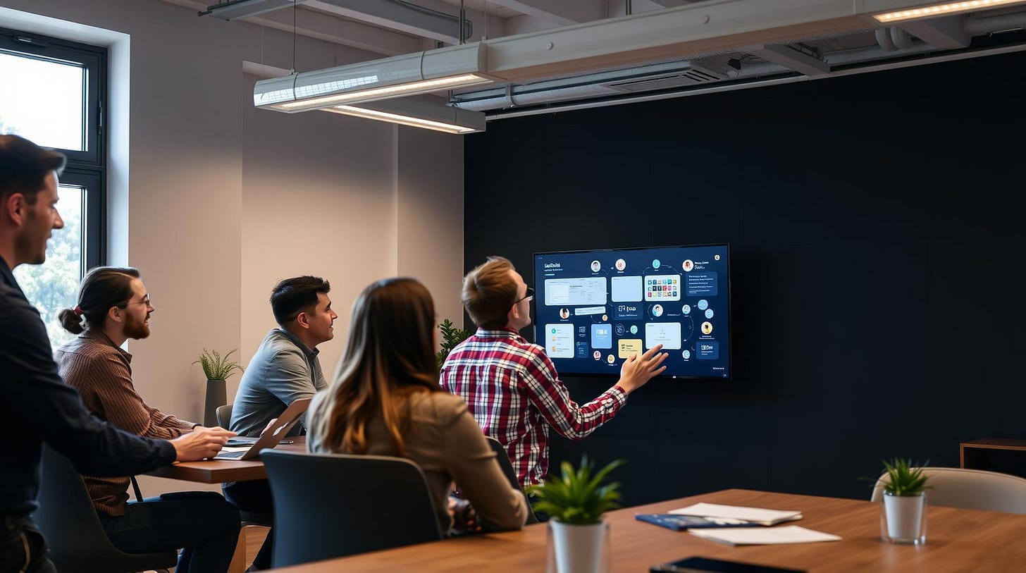A group of colleagues in a meeting room, with one person gesturing towards a large screen displaying a data visualization dashboard