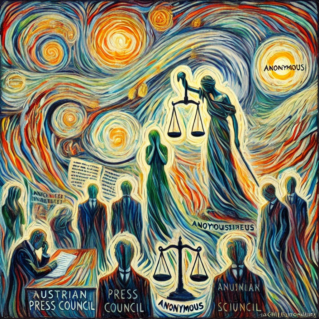 A square image illustrating the Austrian Press Council's judgment on the Schilling case. The scene features swirling brushstrokes and vibrant colors to convey the intensity and emotion of the situation. The image should depict abstract figures representing journalists and the Press Council, with symbols of balance and fairness, such as scales, and fragments of text representing anonymous quotes. The background should have contrasting shades to highlight the tension, while maintaining a hopeful undertone, suggesting resolution and ethical standards. The overall style should evoke the expressive and melancholic atmosphere typical of Munch's expressionist works, using oil on canvas-like texture.