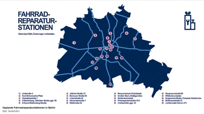 Karte: Für eine schnelle Fahrradreparatur gibt es nun 20 neue Fahrradreparatursäulen in Berlin. (Quelle: berlin.de/sen/uvk)