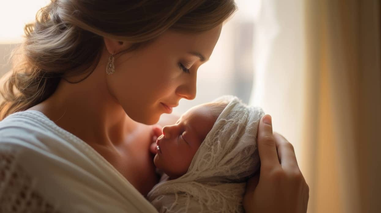 A mother embraces her newborn baby, tears of joy glistening in her eyes, as they share their first moment together