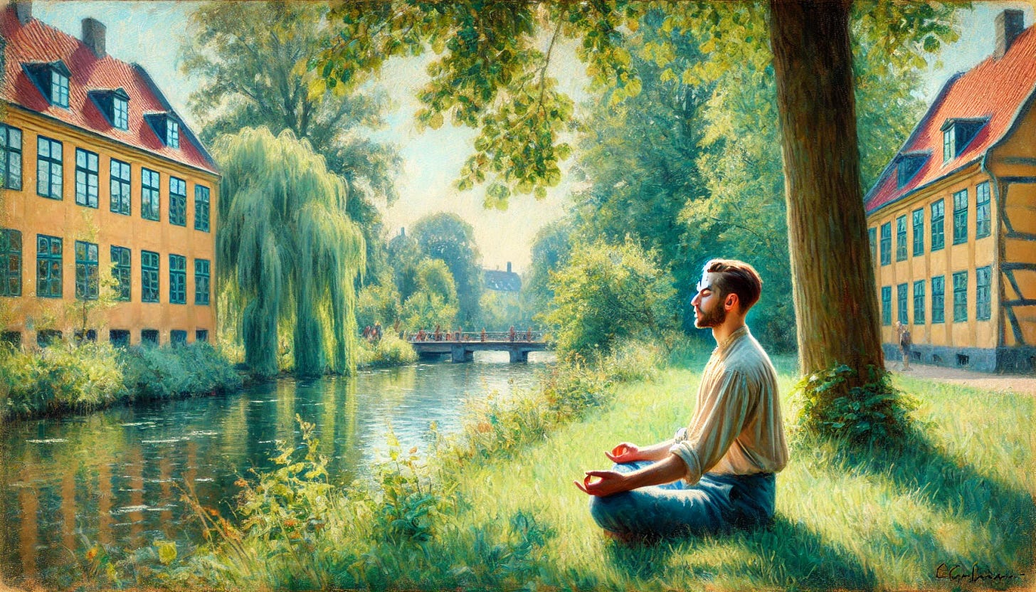 An impressionistic oil painting in the style reminiscent of Fritz Syberg, featuring a side portrait of a man sitting cross-legged on the grass, meditating with his eyes closed. He is surrounded by a peaceful, natural setting, including old European elements like a serene park, lush trees, and a calm river, evoking the feel of 1900s Copenhagen. The scene is bathed in soft, dappled sunlight, creating a tranquil, reflective mood. The color palette is gentle and pastel-like, with soft greens, blues, and warm tones, capturing the essence of a peaceful, sunny day.