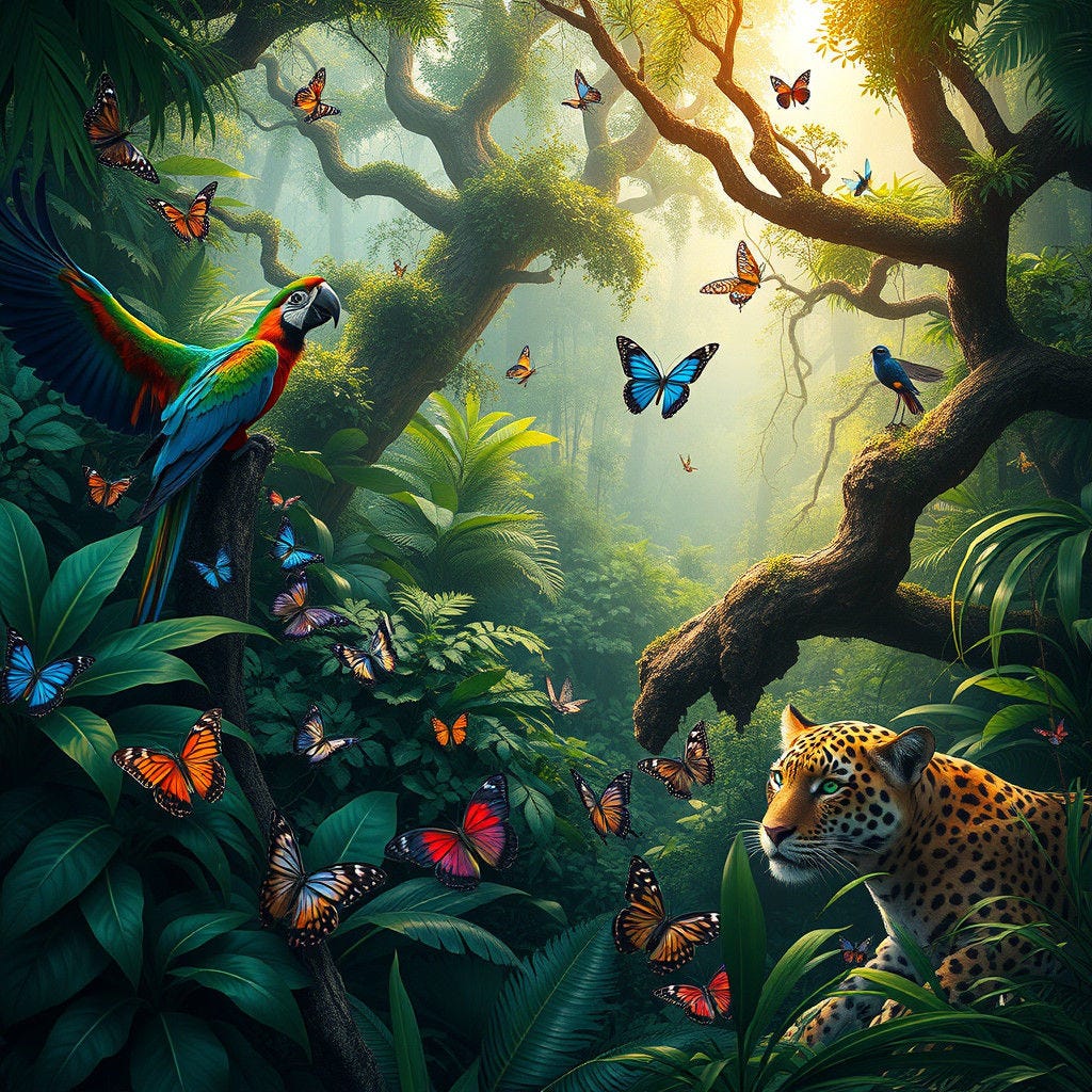 An equatorial forest rich in both animal and flora species