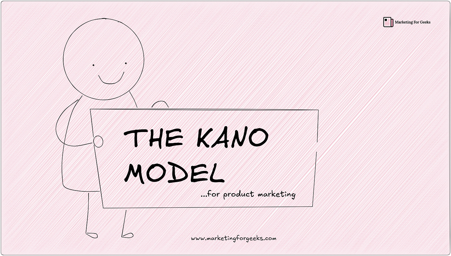 stick figure holds a board with "The Kano Model...for product marketing" written on it. In the top right corner is Marketing For Geeks' logo. At the bottom is "www.marketingforgeeks.com"