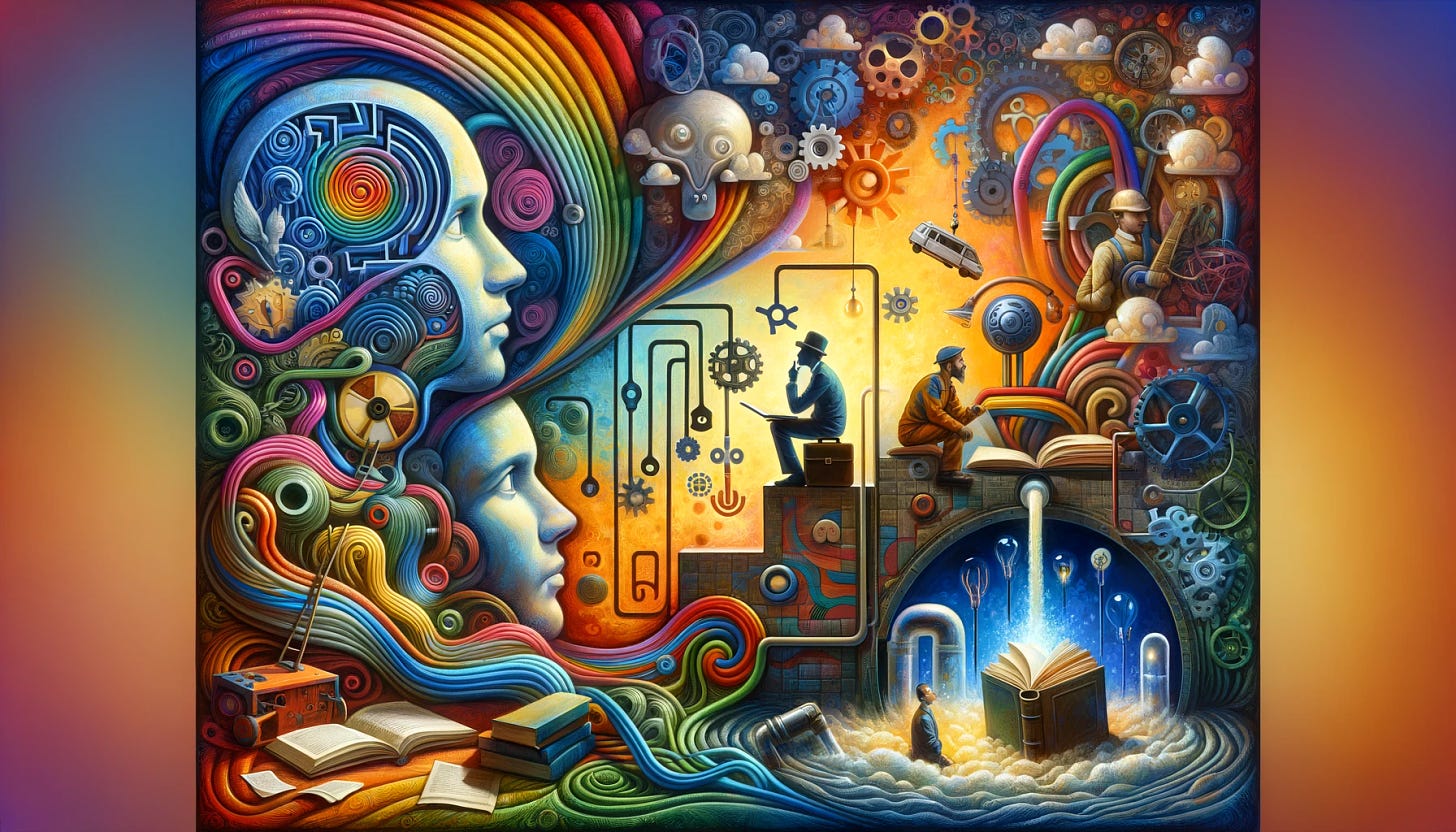 An abstract and whimsical image reflecting the concept of curiosity over intelligence, with a colorful backdrop representing the Age of Aquarius. The scene includes symbolic elements like a curious fool looking thoughtfully at a complex maze, an electrician examining a tangle of colorful wires, a plumber peering into an open pipe, and floating books and gears to represent lifelong learning. The image should have a surreal, dreamlike quality, blending these elements in an artistic and visually engaging way. The overall tone should be vibrant, thought-provoking, and reflective of a journey of discovery, aligning with the themes of embracing inquisitiveness and interconnectedness.