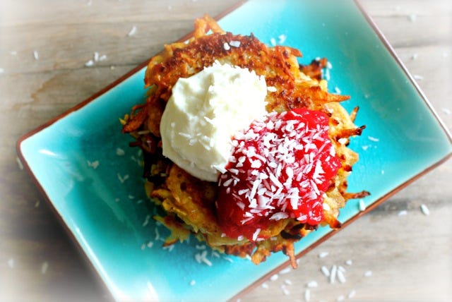 Coconut Latkes with Cranberry Applesauce and Cardamom Cream