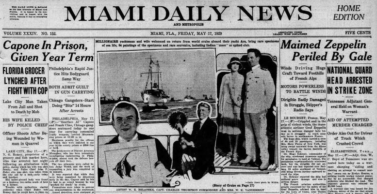 Headline in the Miami Daily News announcing Capone sentencing in Philadelphia, PA.