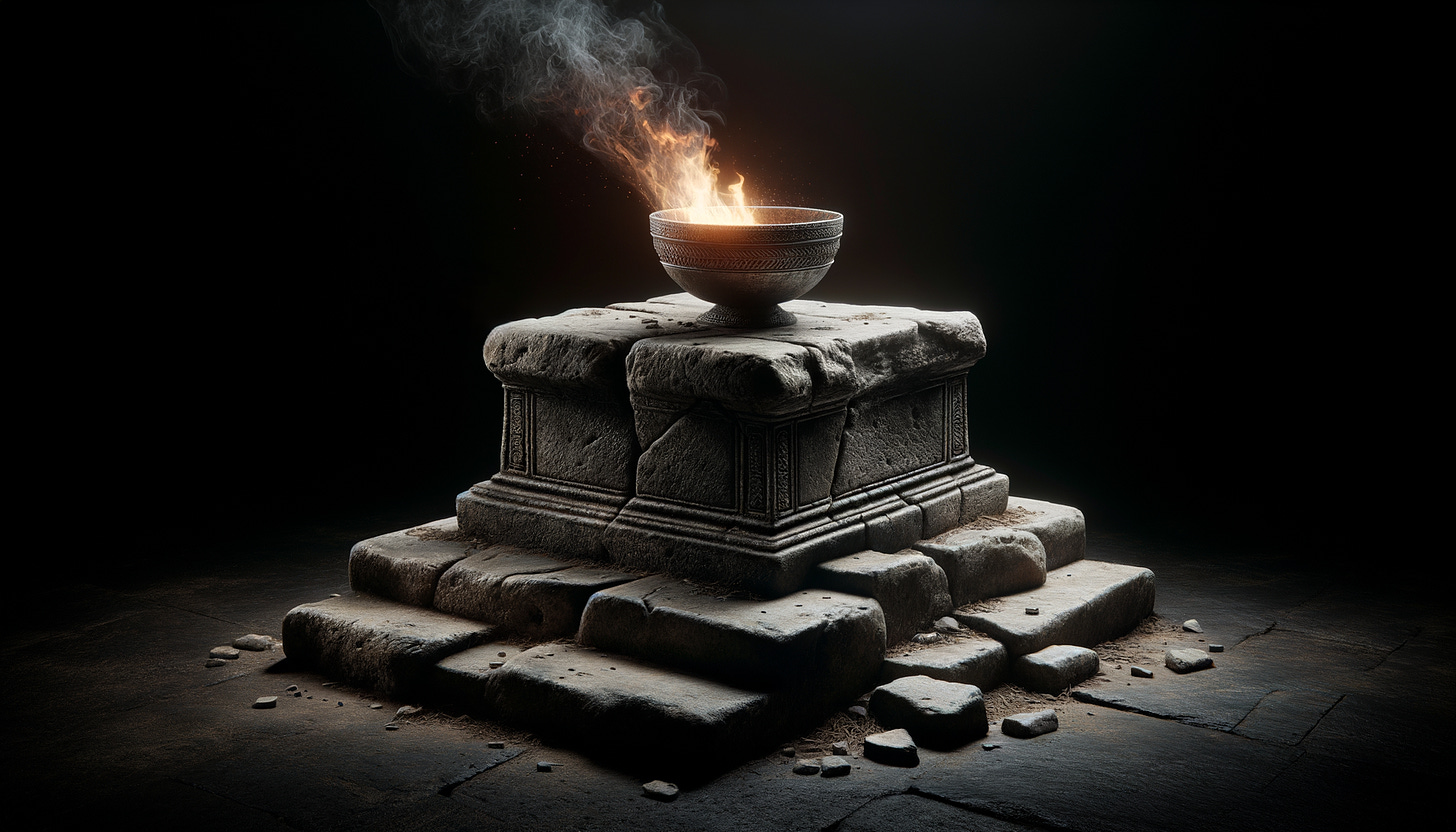 A weathered stone altar set against a pitch-black background, with a bowl of burning incense on top, emitting flames and rising smoke. The altar is plain and aged, surrounded by scattered stones and debris, evoking the imagery of high places where the children of Israel secretly burned incense in defiance of God's command, as described in 2 Kings 17:9–12.