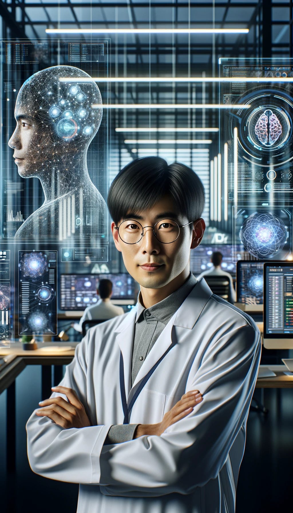 Portrait of an Asian AI Psychologist in a futuristic setting. The AI Psychologist, shown in a modern, high-tech office, has an attentive and focused expression, indicative of deep engagement in analyzing and optimizing AI behavior. The background features advanced computers and holographic displays illustrating complex neural networks and AI data analytics. Surrounding the psychologist are interactive 3D models of AI brains and screens displaying AI diagnostics and psychological patterns. This portrait embodies the fusion of cutting-edge technology and human insight in the field of AI psychology.