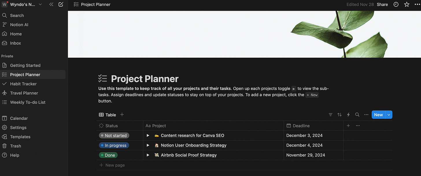 Notion project planner template