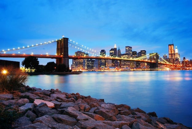 Free photo brooklyn bridge and manhattan skyline in new york city over hudson river at night.