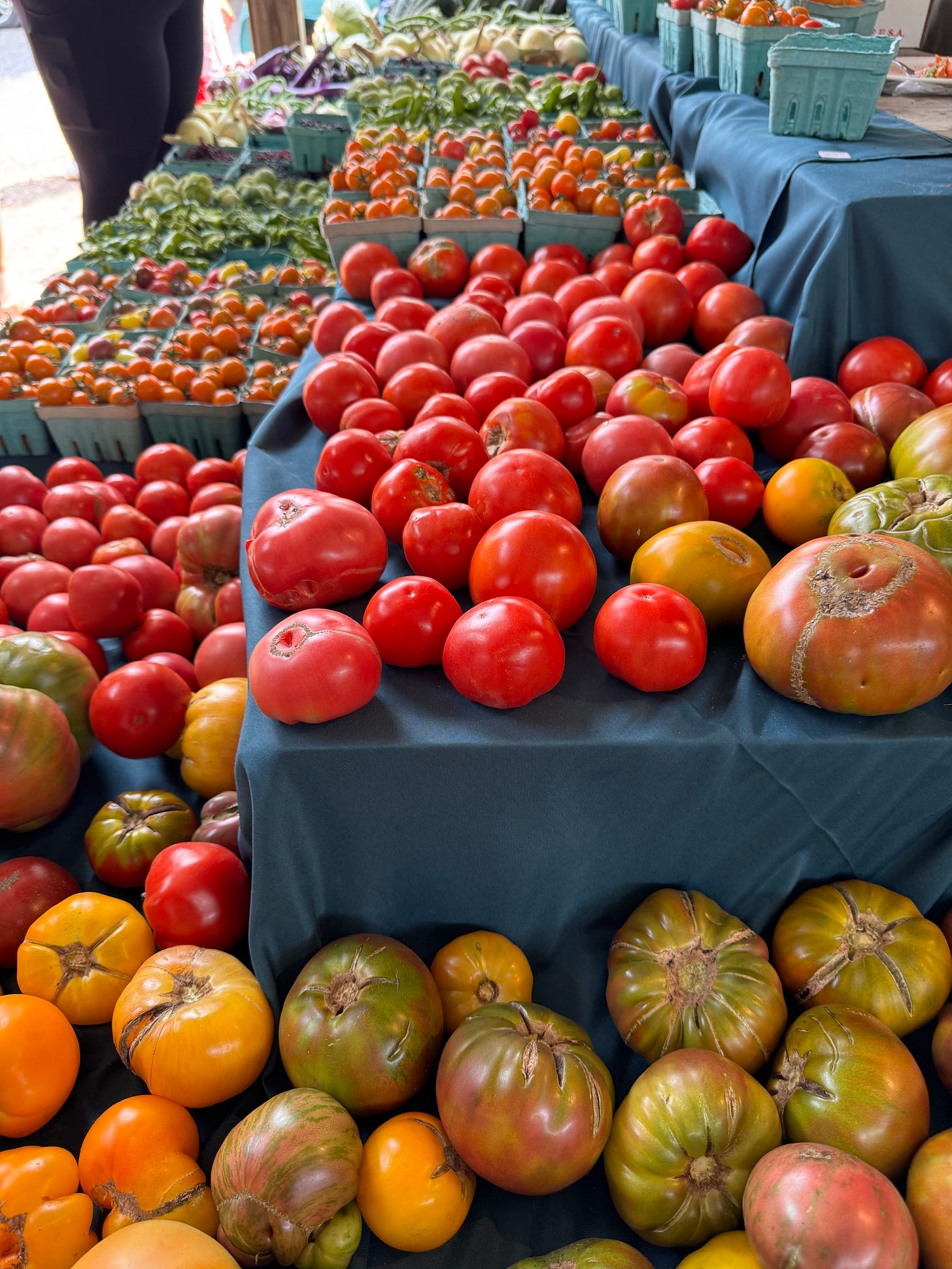 Farmer's Market table bursting with varieties of tomatoes