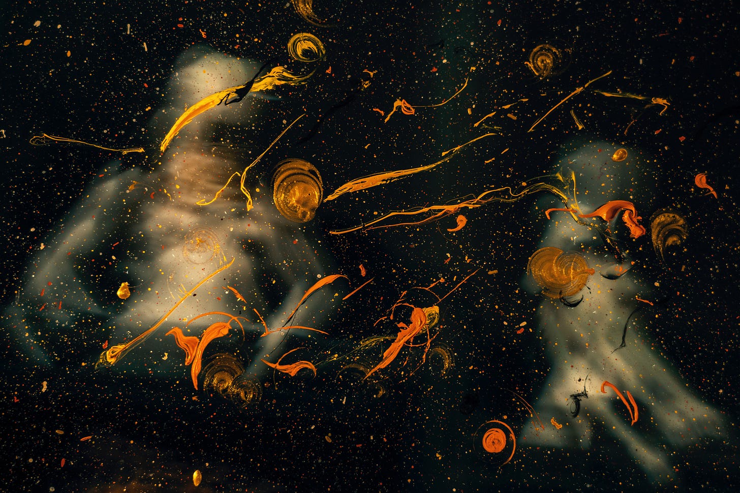 Abstract painting with a black background, 2 ghostly abstract figures and splashes and swirls of orange and yellow paint.