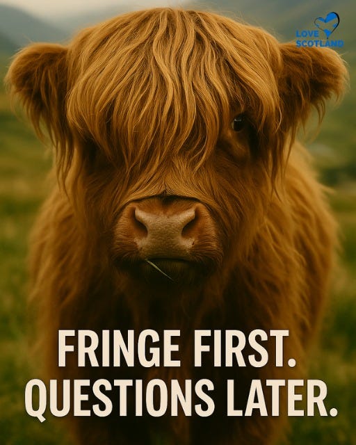 May be an image of text that says "LOVE SCOTLAND FRINGE FIRST. QUESTIONS LATER."