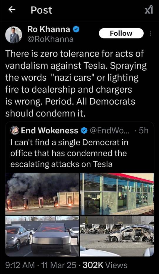 Ro Khanna &
Follow
@RoKhanna
There is zero tolerance for acts of vandalism against Tesla. Spraying the words "nazi cars" or lighting fire to dealership and chargers is wrong. Period. All Democrats should condemn it.
End Wokeness
@EndWo...
• 5h
I can't find a single Democrat in office that has condemned the escalating attacks on Tesla
9:12 AM • 11 Mar 25 • 302K Views


Khanna is a fascist. 