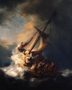 an old sailing boat being tossed at sea with dark stormy clouds, light sky in the distance, the people in the boat are holding on for dear life