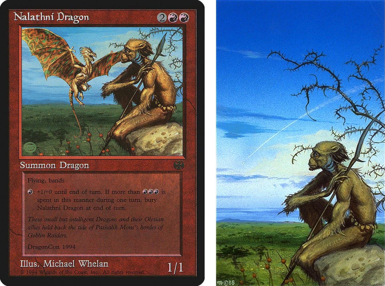 LEFT: Magic: The Gathering card with red background titled "Nalathni Dragon" with illustration by Michael Whelan. The small illustration window at the top of the card features an ape-like humanoid with a spear resting on its shoulder. It sits upon a rock as a dragon with mottled wings hovers in front it. RIGHT: Preliminary concept for PARADISE featuring the ape-like humanoid seat in profile on a rock overlooking a prairie. Behind him, thorny branches of a barren tree extend front of blue skies. A contrail arcs down past clouds dark and light. There is no dragon in the concept and the spear tip is longer.